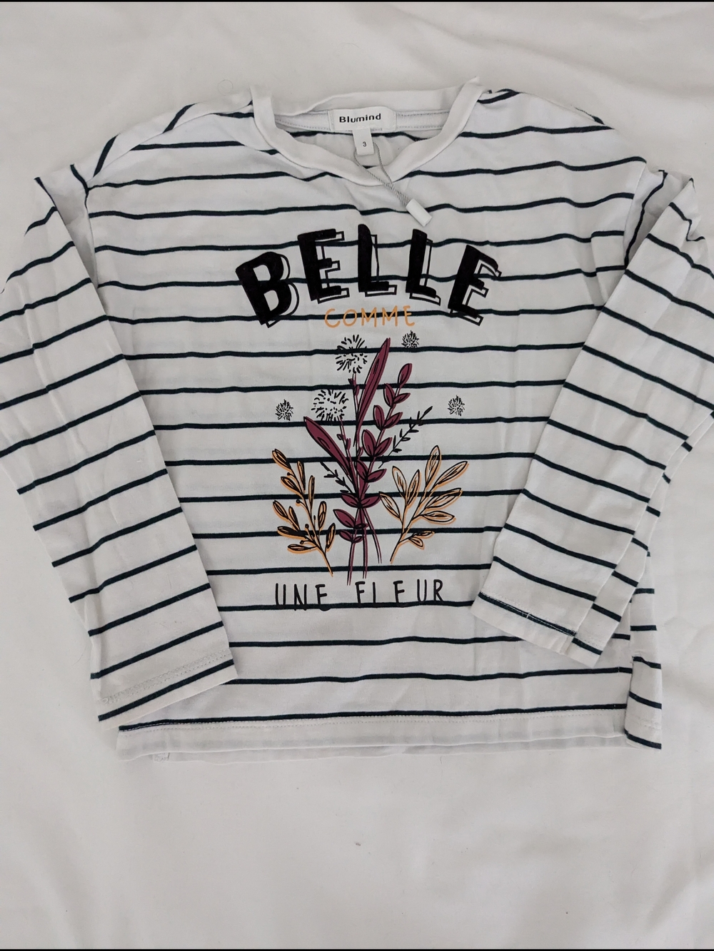 NWOT Blumind White Navy Striped Floral Long-Sleeve Top